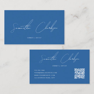 QR Code Modern Full Blue Handwritten Script Business Card