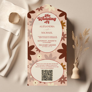 QR Code Modern Groovy Retro 70s Floral Wedding All In One Invitation