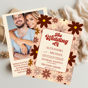 QR Code Modern Groovy Retro 70s Floral Wedding Invitation