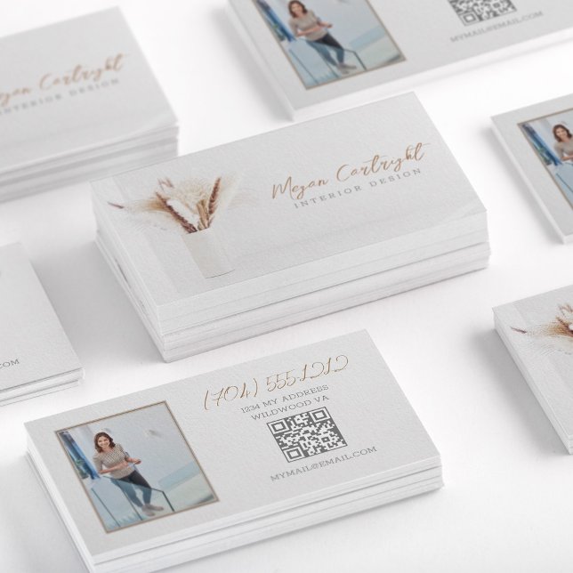 QR Code Modern Interior Design Floral Nature Photo Business Card (Creator Uploaded)