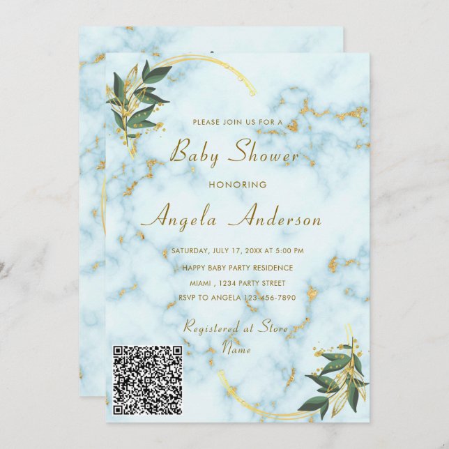 QR Code Modern Marble Baby Shower Invitation (Front/Back)