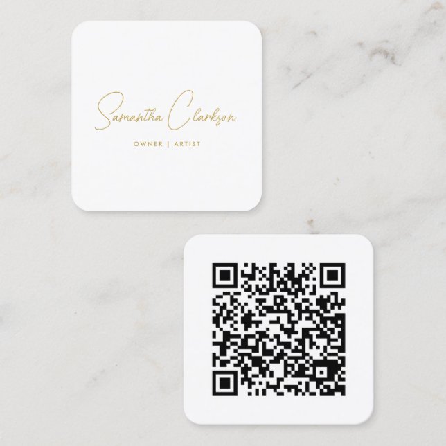 QR Code Modern Minimalist Handwritten Gold Cursive Square Business Card (Front/Back)