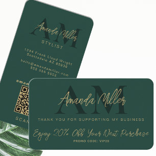 QR Code Modern Minimalist Monogram Black and Gold Discount Card