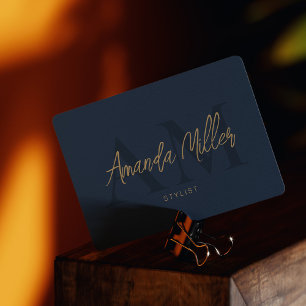 QR Code Modern Minimalist Monogram Dark Blue Business Card