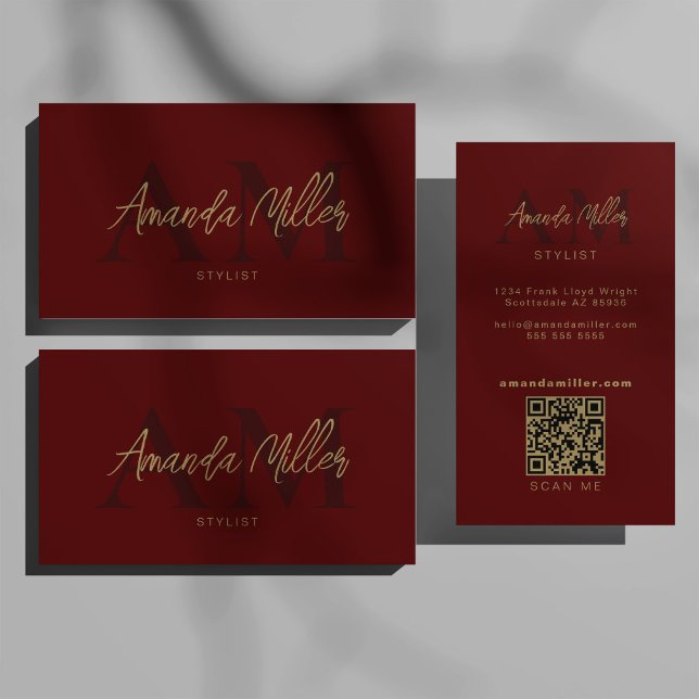 QR Code Modern Minimalist Monogram Dark Red Business Card (Creator Uploaded)