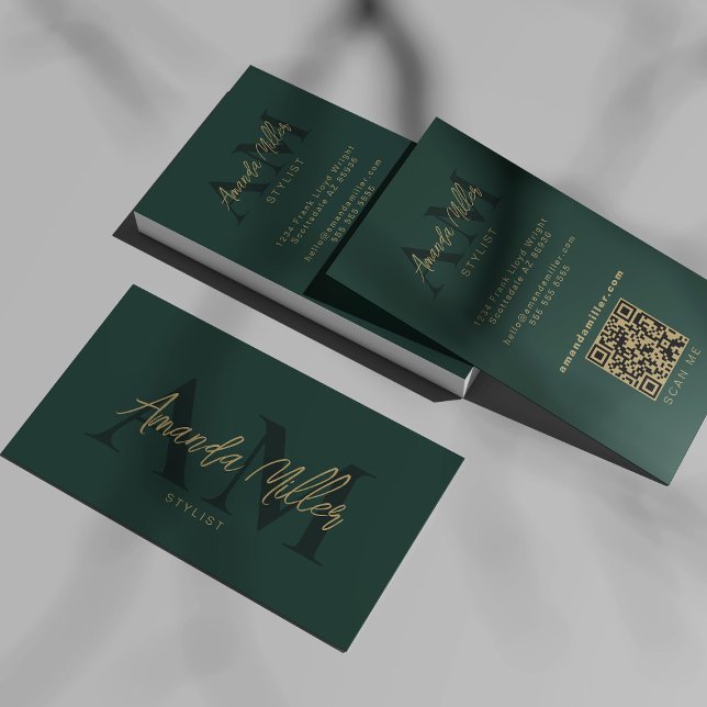 QR Code Modern Minimalist Monogram Emerald Green Business Card (Creator Uploaded)