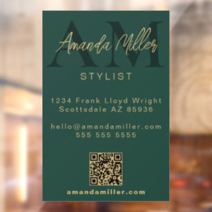 QR Code Modern Minimalist Monogram Green and Gold Window Cling