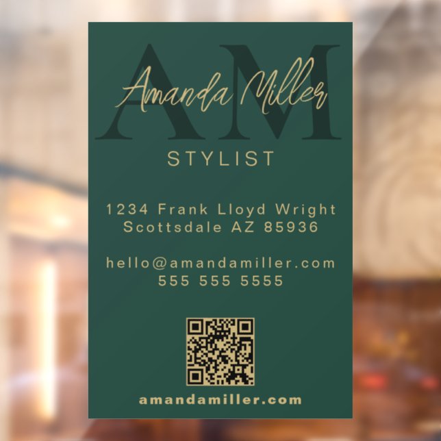 QR Code Modern Minimalist Monogram Green and Gold Window Cling (Sheet 2)