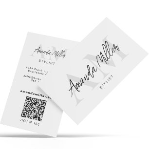QR Code Modern Minimalist Monogram White Silver Business Card