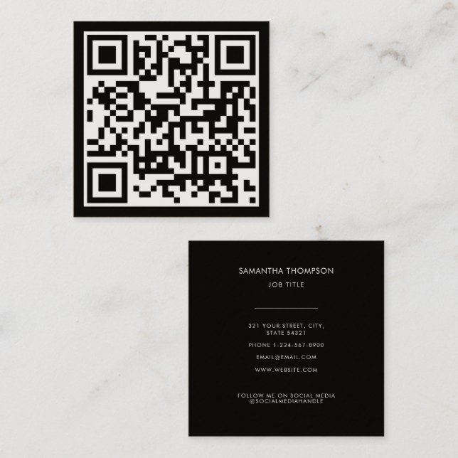 QR Code Modern Minimalist Scannable Black Square Business Card (Front/Back)
