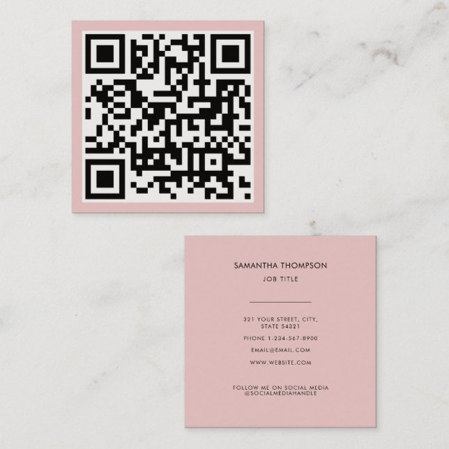 QR Code Modern Minimalist Scannable Blush Pink Square Business Card (Front/Back)