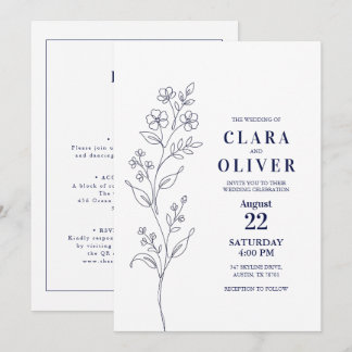 QR Code Modern Navy Blue Floral Line Art Wedding Invitation