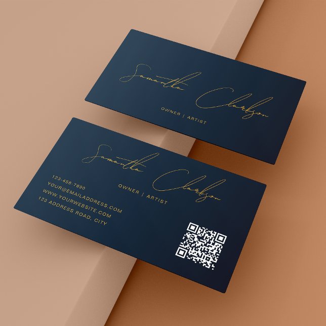 QR Code Modern Navy Blue & Gold Handwritten Script Business Card (Creator Uploaded)