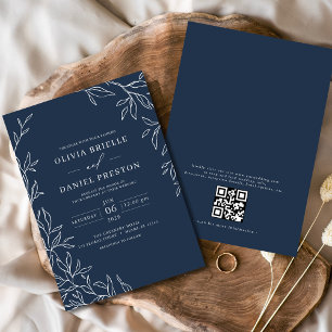 QR Code Modern Navy Blue Minimal Leaf Wedding  Invitation