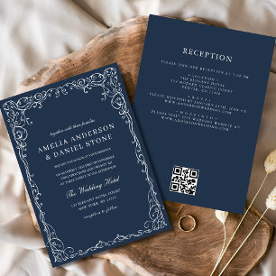 QR Code Modern Navy Blue Minimal Wedding Invitation