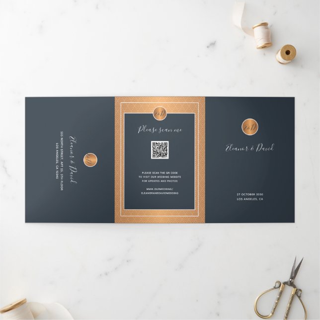 QR CODE modern navy copper gold wedding invitation (Outside)