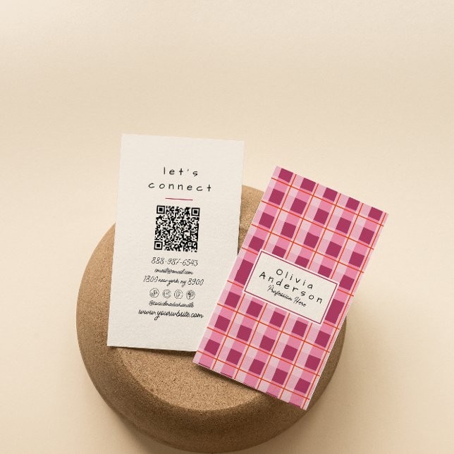 QR Code Modern Pink Chequered Quirky Boho Girly Business Card (Creator Uploaded)