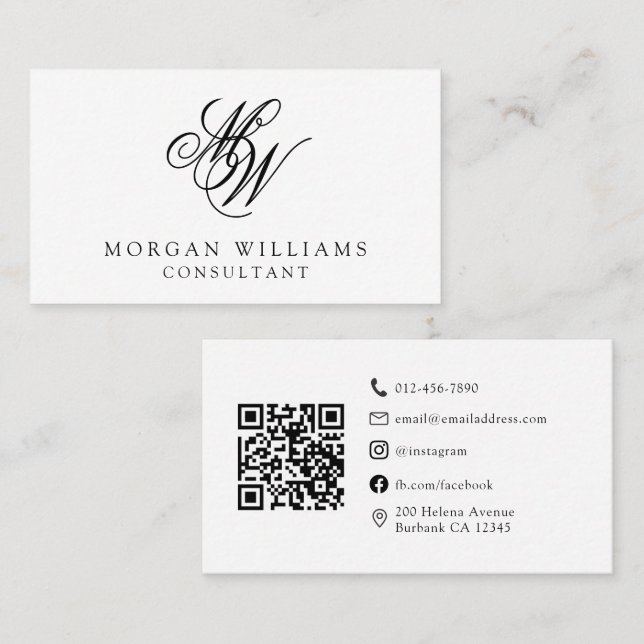QR Code Modern Professional Black White Business Card (Front/Back)