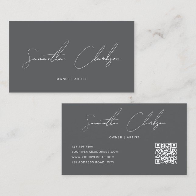 QR Code Modern Pure Dark Grey Handwritten Script Business Card (Front/Back)