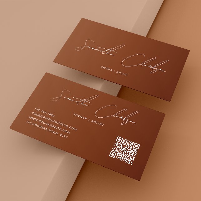 QR Code Modern Pure Terracotta Handwritten Script Business Card (Creator Uploaded)