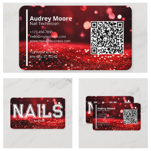 QR Code Modern Red Glitter Professional Nail Tech Business Card