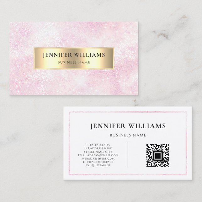 QR Code Modern Rose Gold Glitter Pink Girly Business Card (Front/Back)