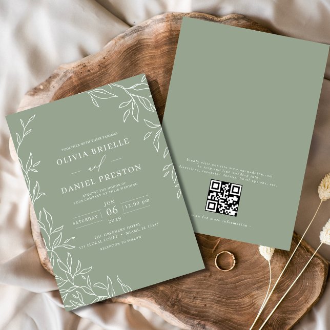 QR Code Modern Sage Green Minimal Leaf Wedding  Invitation (Creator Uploaded)