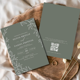 QR Code Modern Sage Green Minimal Leaf Wedding  Invitation