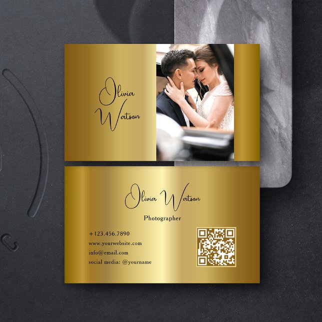 QR Code Modern Script Gold Photographer Business Card (Creator Uploaded)