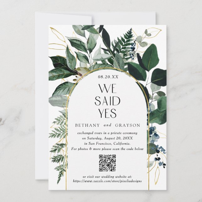 QR code, Modern Watercolor Greenery Wedding  Announcement (Front)