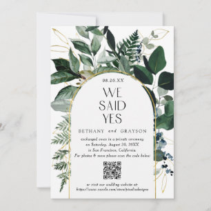 QR code, Modern Watercolor Greenery Wedding  Announcement
