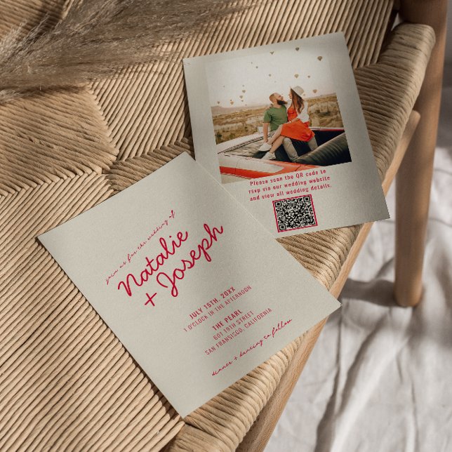 QR Code Modern Whimsical Retro Fun Photo Wedding Invitation (Creator Uploaded)