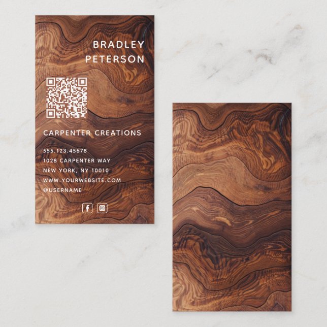 QR Code Modern Wooden Carpentry Construction Business Card (Front/Back)