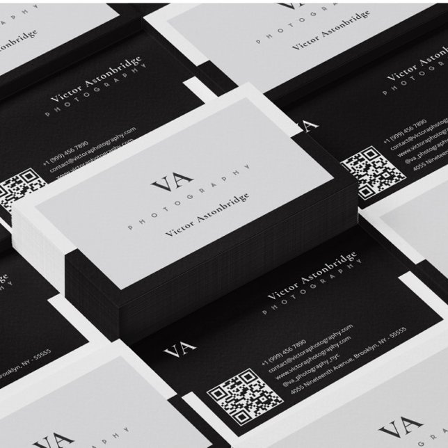 QR Code Monogram Balck White Grey Photography Business Card (Creator Uploaded)