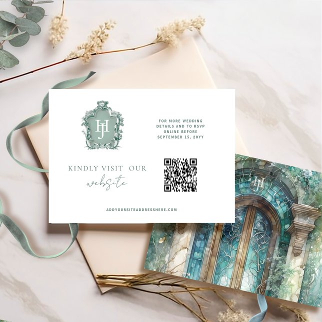 QR Code Monogram Blue, Green Timeless RSVP Online Enclosure Card (Creator Uploaded)