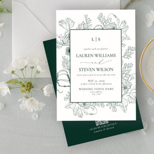 QR Code Monogram Elegant Emerald Green Floral Line Invitation (Creator Uploaded)