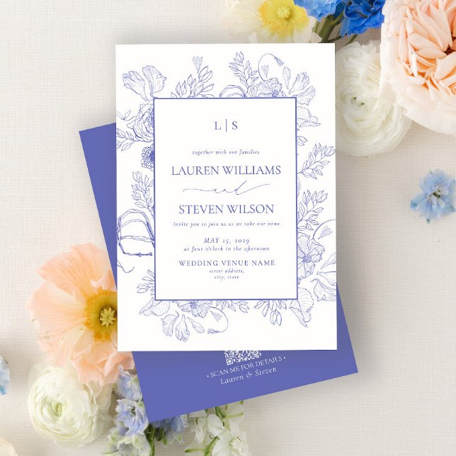 QR Code Monogram Elegant Lavender Floral Wedding Invitation (Creator Uploaded)