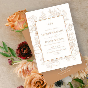 QR Code Monogram Elegant Terracotta Floral Line Invitation