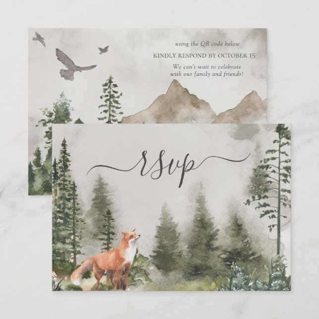 QR Code Mountain Forest Rustic Woods Wedding RSVP Card (Front/Back)