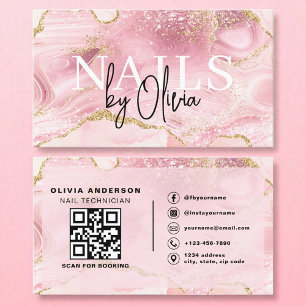 QR Code Nail Specialist Artist Pink Agate Marble Business Card