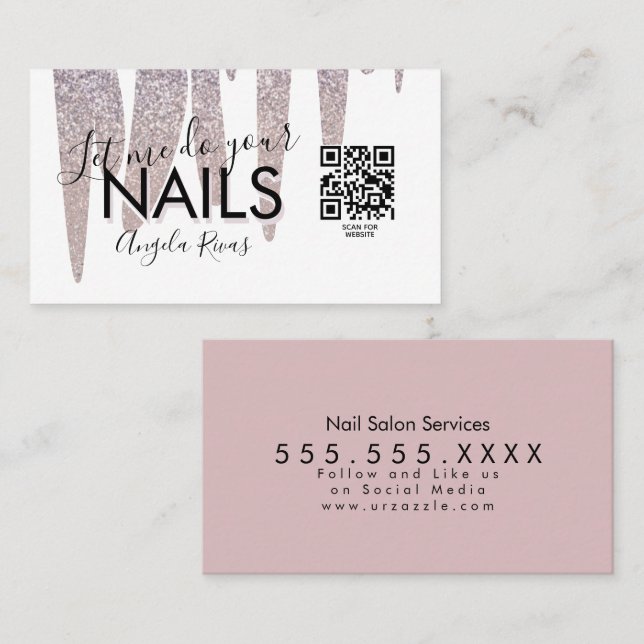 QR CODE Nails Salon  Blush Pink Glitter Dripping Business Card (Front/Back)