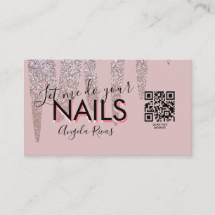 QR CODE Nails Salon Quote Blush Pink Glitter Drip Business Card