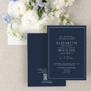 QR Code Navy Blue Classic Script Wedding Invitatio Invitation