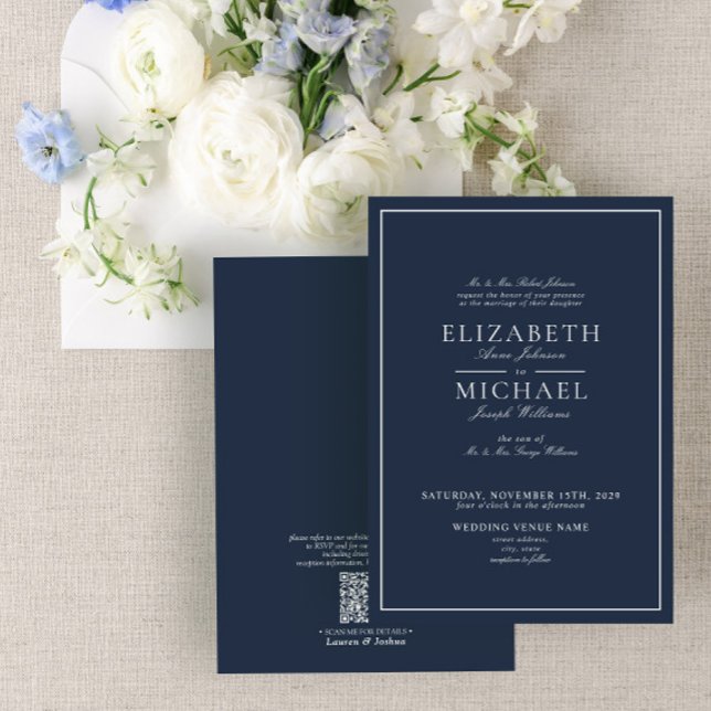 QR Code Navy Blue Classic Script Wedding Invitatio Invitation (Creator Uploaded)
