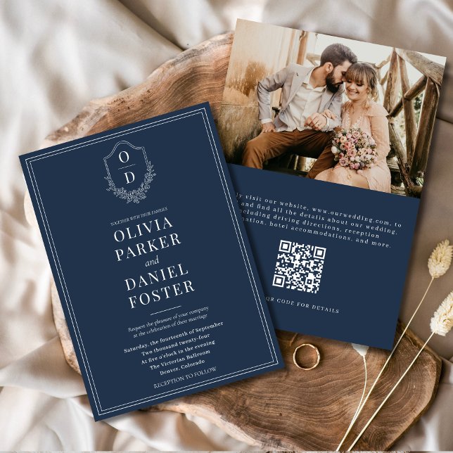 QR Code Navy Blue Crest Photo Elegant Wedding Invitation (Creator Uploaded)