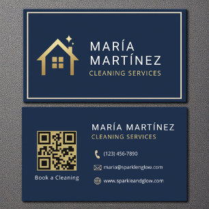 QR Code Navy Blue Gold Cleaning Services Business Card