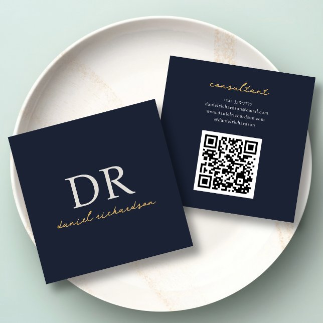 Qr Code Navy Blue & Gold Initial Monogram Square Business Card (Creator Uploaded)