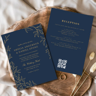 QR Code Navy Blue Gold Minimal Leaf Wedding  Invitation