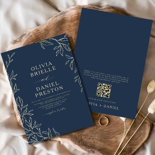QR Code Navy Blue & Gold Minimal Leaf Wedding Invitation