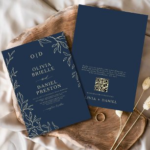 QR Code Navy Blue & Gold Minimal Leaf Wedding Invitation
